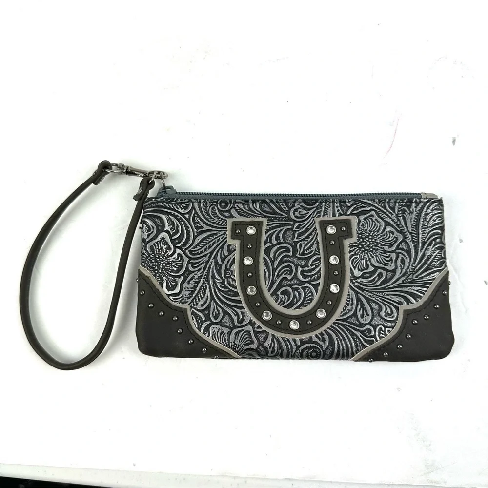 Wrangler Wristlet Grey Faux Leather Horseshoe Wallet Rhinestone Womens